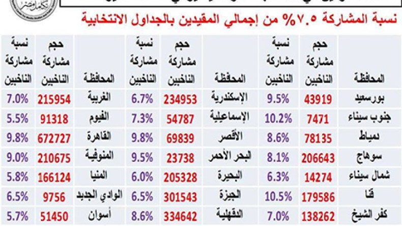 مركز دراسات: نسبة المشاركة في الانتخابات الرئاسية في مصر 7,5 بالمائة