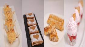 قوالب الديول بجوز الهند – تحلية كؤوس الفراولة بأوراق الديول – بوراك بالدجاج – مربعات الديول باللوز