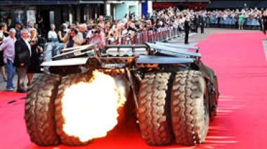 Batmobile and flames at premiere