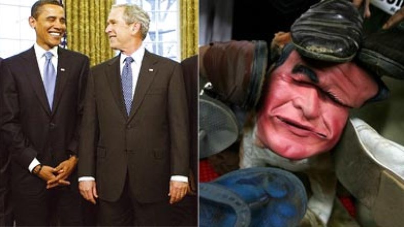 الأمريكيون يطردون بوش بالأحذية من البيت الأبيض