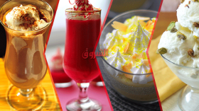 بوضة بالكريمة الإنجليزية والشانتيي – تحلية بالسميد واللوز – كريمة شراب الرمان – ميلك شيك الشكولاطة والموز