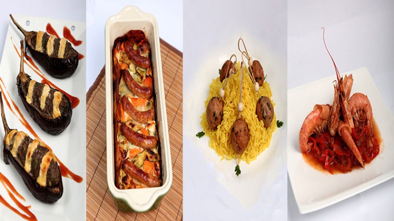 باذنجان في الفرن- جمبري مع الفلفل الأحمر- غراتان الخضر والنقانق- كريات الدجاج بالقصبر والأرز