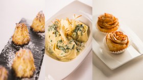 وردات التفاح – عجائن بالسبانخ وصلصة الجبن – حلوى جوز الهند