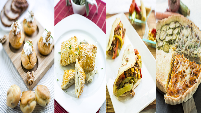 ميفين بالجوز – مملحات بالدجاج – خبز مكسيكي بالذرة واللحم المفروم – تورت بالخضر والجبن