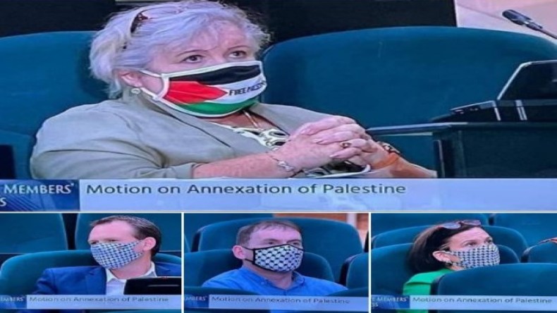 نواب أيرلنديون يرتدون كمامات تحمل العلم والكوفية الفلسطينية