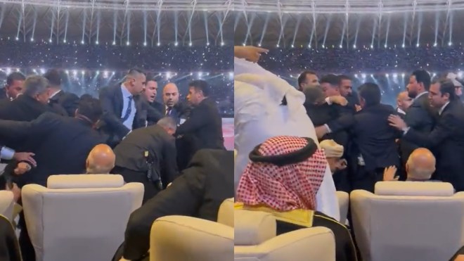 بالفيديو.. اشتباكات بالأيدي بمنصة كبار الشخصيات في افتتاح خليجي 25