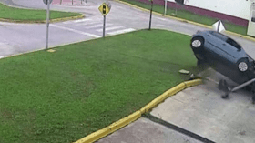 بالفيديو.. امرأة تسقط عمود الإنارة وتتسبب في كارثة أثناء اختبار القيادة!