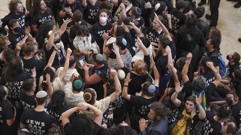 بالفيديو.. يهود أمريكيون يحتجون على قصف غزة بنيويورك