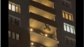 بالفيديو.. سقوط بابا نويل من الطابق الـ24 لمبنى بروسيا