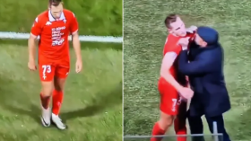 بالفيديو.. تصرف غريب من مدرب تجاه لاعبه بعد حصوله على بطاقة حمراء