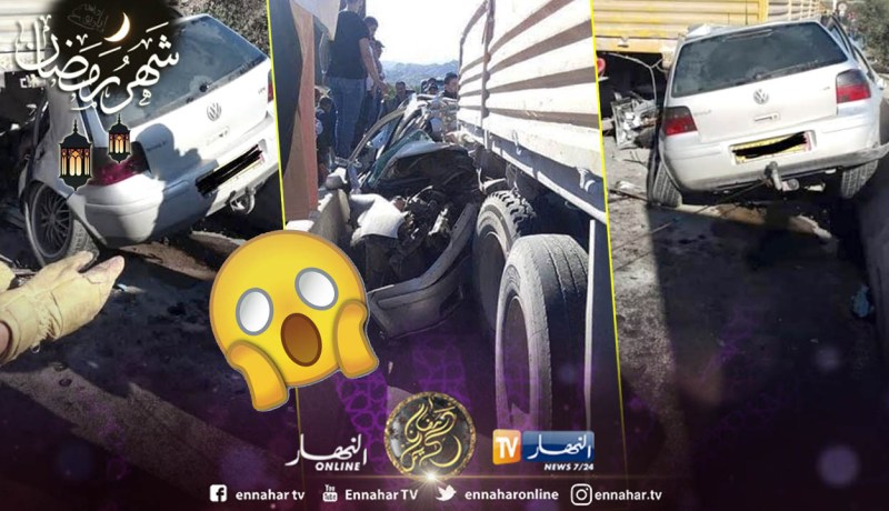 بالصور.. قتيل وجريح في حادث إصطدام بين شاحنة وسيارة في البويرة