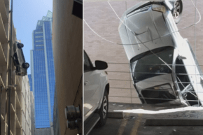 بالفيديو.. سلك معدني ينقذ سيارة من السقوط من الطابق التاسع