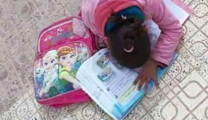 صور طفلة تقوم بواجبها المدرسي على حافة الرصيف تشعل الفايسبوك