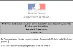 فرنسا تدين الإعتداء الإرهابي الفاشل في قسنطينة