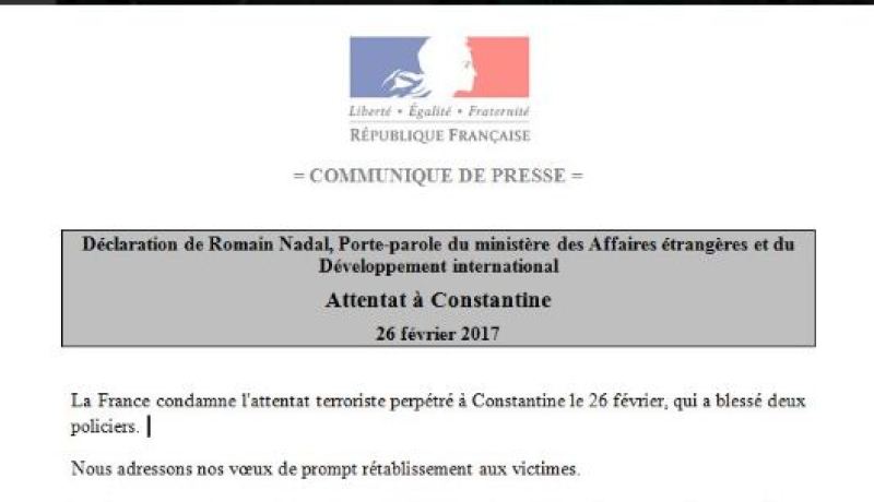 فرنسا تدين الإعتداء الإرهابي الفاشل في قسنطينة