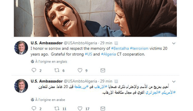السفير الأمريكي بالجزائر يتذكر ضحايا بن طلحة