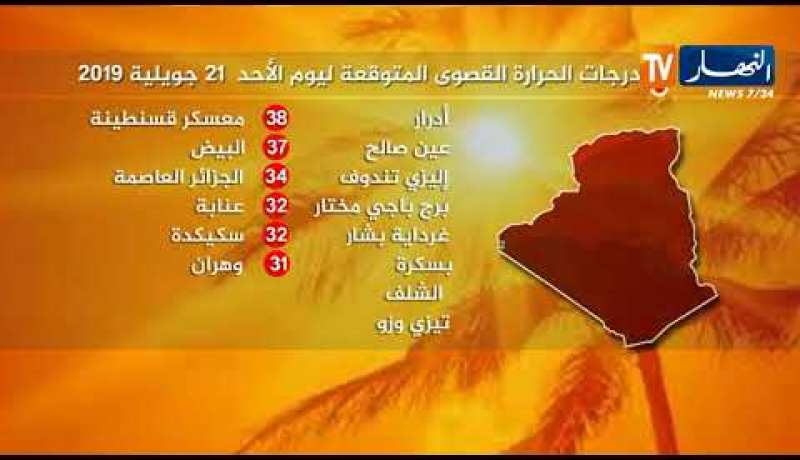 درجات الحرارة القصوى المتوقعة يوم الأحد 21 جويلية 2019