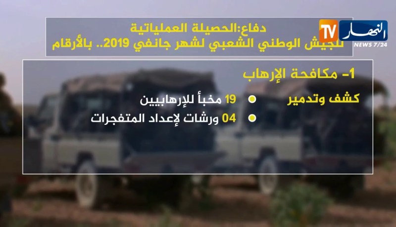 الحصيلة العملياتية للجيش الوطني الشعبي لشهر جانفي 2019