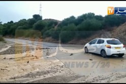 سكيكدة: مشاهد آنية لسيول تغمر الطريق الولائي ” بيسي” ببلدية بني بشي