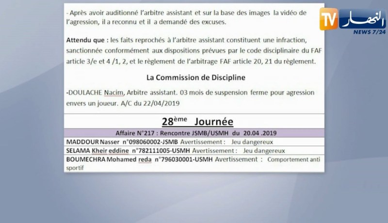 معاقبة الحكم المساعد دولاش بـ 3 أشهر نافذة عقب إعتدائه على أحد لاعبي نجم مقرة