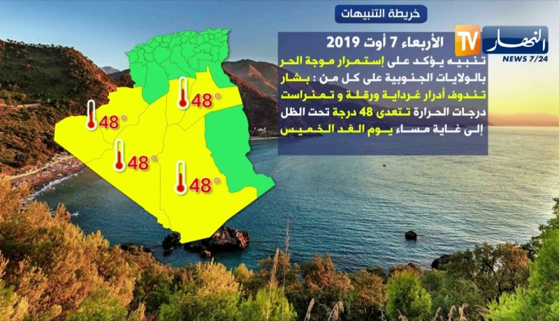 إليكم خريطة التنبيهات ليوم الأربعاء 07 أوت 2019