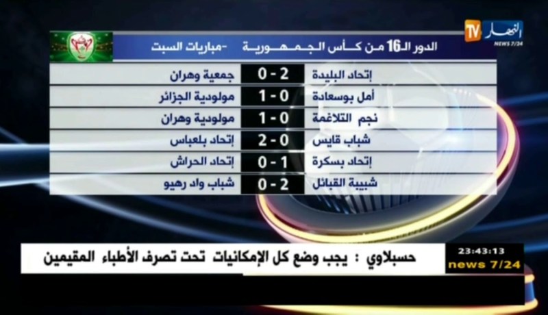 نتائج الدور 16 من كأس الجمهورية – مباريات يوم السبت