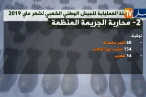 الحصيلة العمالياتية للجيش الوطني الشعبي لشهر ماي 2019