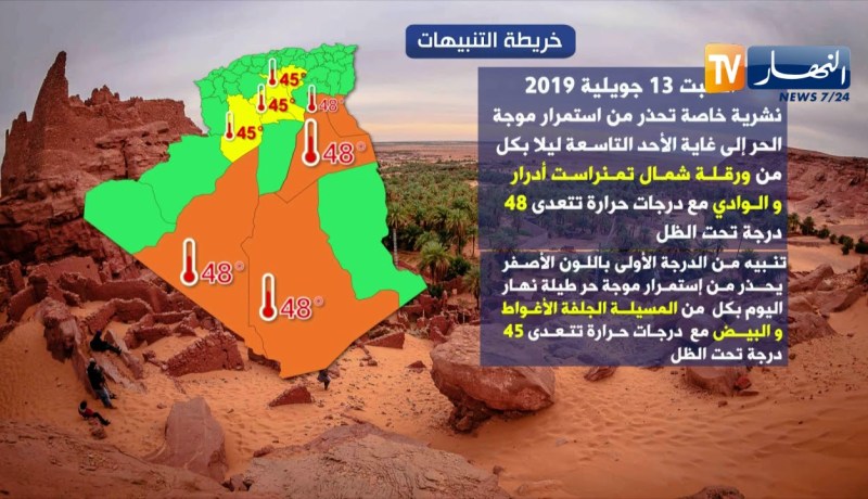 إليكم خريطة التنبيهات ليوم السبت 13 جويلية 2019