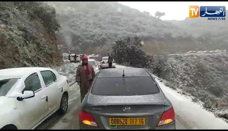 مشاهد رائعة لعاصفة ثلجية من اعالي جبال عين النسور بمليانة