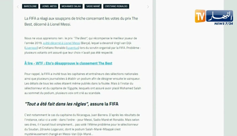 الفيفا ينفي تزوير تصويت مسابقة  THE BEST لصالح ميسي