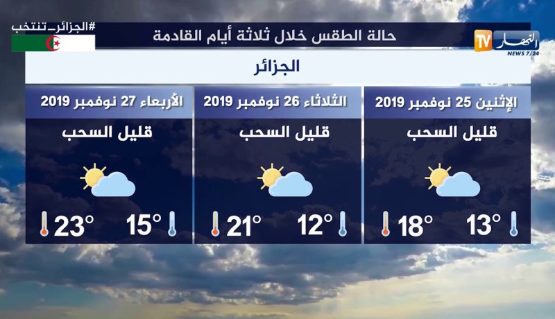أحوال الطقس ليوم السبت 23 نوفمبر  2019
