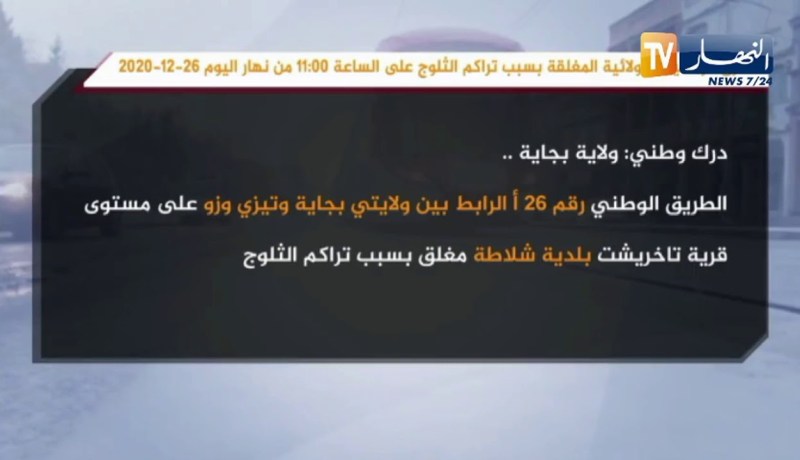 الطرقات الولائية المغلقة بسبب تراكم لثلوج على الساعة 11:00 من نهار اليوم