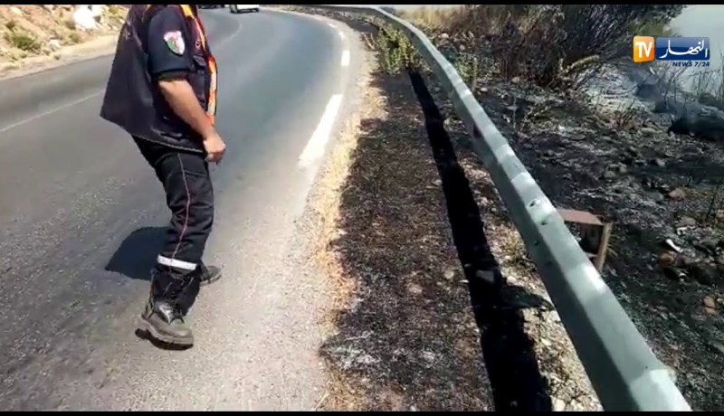 شاهد نشوب حريق جديد على حافة الطريق الوطني رقم 24 الرابط بين بجاية و تيزي وزو
