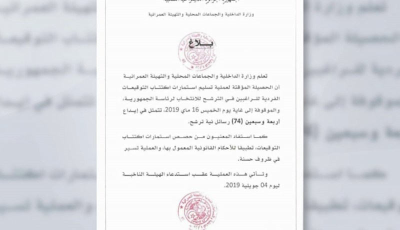 داخلية: إيداع 74 رسائل نية ترشح لرئاسيات 4 جويلية القادم