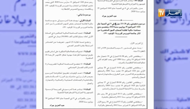 صدور المرسوم الخاص بمنح 3 ملايين سنتيم  لأصحاب المهن المتضررة من كورونا