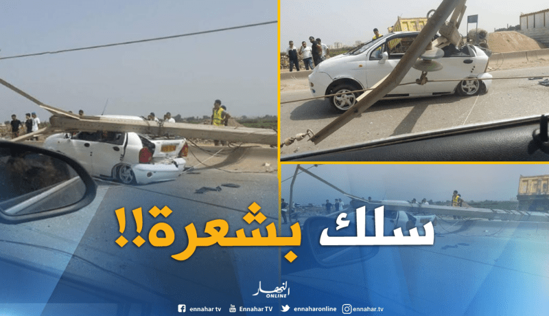 سائق ينجو بأعجوبة بعد سقوط عمود كهربائي على سيارته
