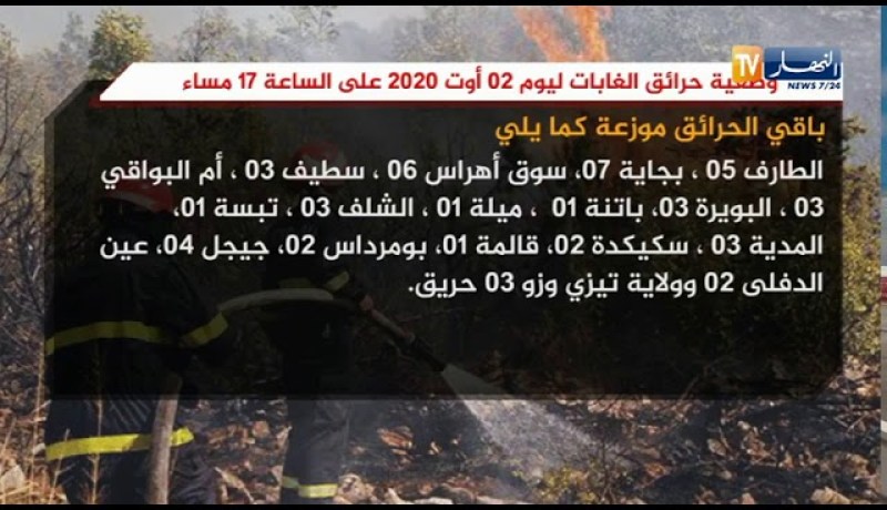 وضعية حرائق الغابات ليوم 2 أوت 2020 على الساعة 17 مساء