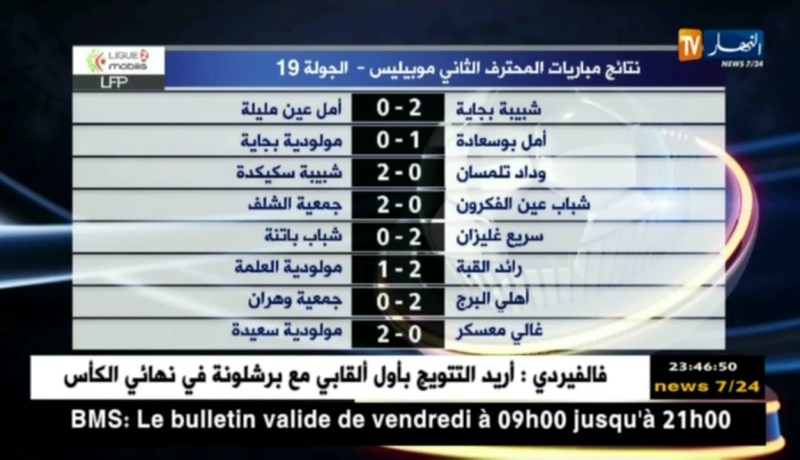 نتائج مباريات المحترف الثاني موبيليس – الجولة 19