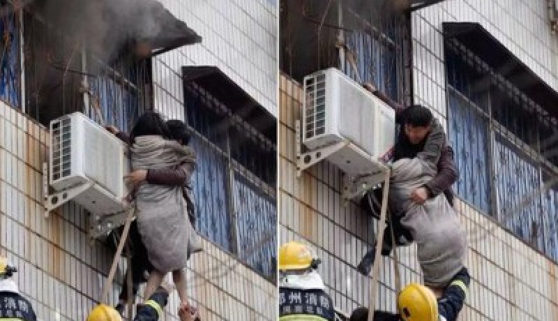 بالفيديو .. شخص مشلول يتسلق مبنى محترق لإنقاذ امرأة حامل