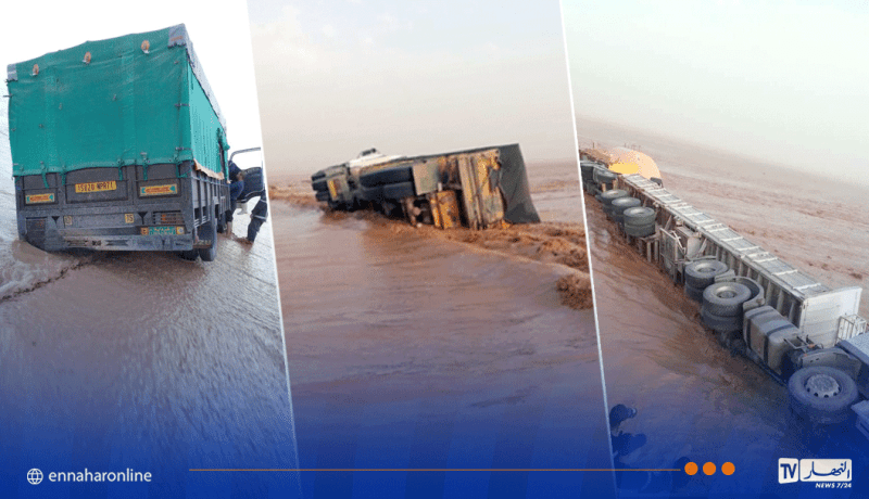 البيض.. إنقاذ 4 أشخاص بعد انحراف وانقلاب 5 شاحنات في بريزينة