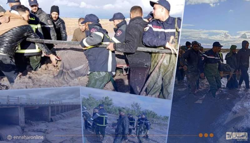 بالصور.. جانب من العمليات الميدانية خلال البحث عن المفقود الذي جرفته السيول بالجلفة