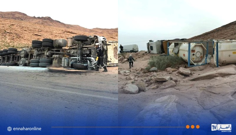 النعامة.. انقلاب شاحنة لنقل الغاز بين عين الصفراء وجنين بورزڨ