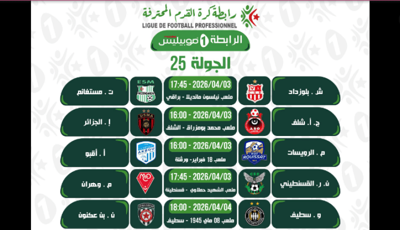 برنامج مباريات الجولة الـ25 من الرابطة المحترفة