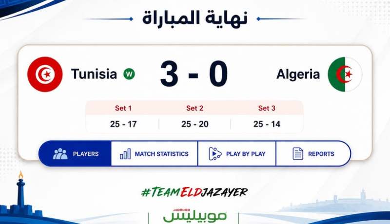 المنتخب الوطني للكرة الطائرة ينهزم أمام تونس في ألعاب البحر الأبيض المتوسط